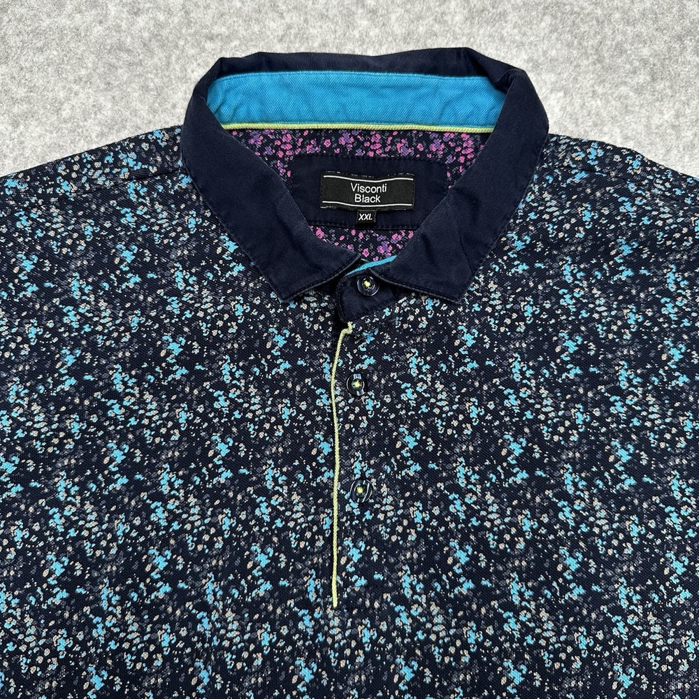 Visconti Black Polo Shirt Mens 2XL XXL Blue Abstract Casual Office Travel Preppy